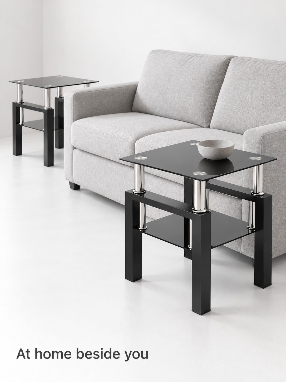 Modern Black Glass End Tables, Set of 2 with Lower Shelf