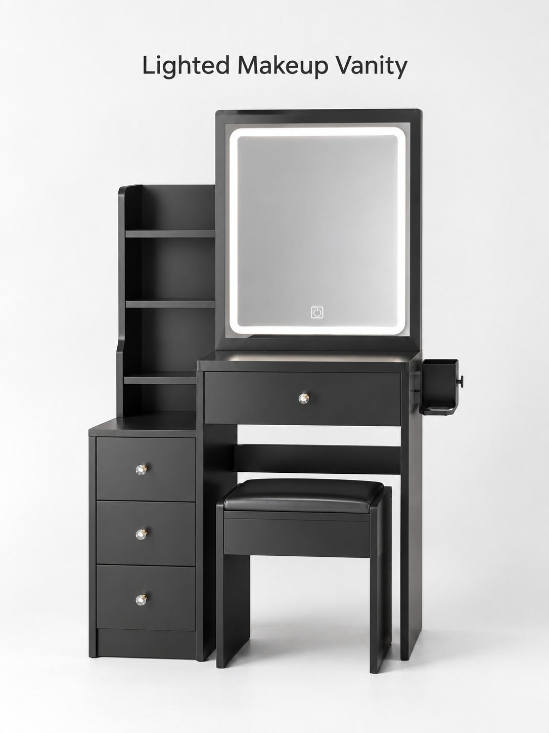 Black Makeup Vanity with LED Mirror and Charging Ports