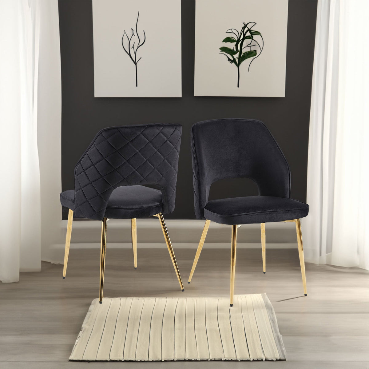 Black Velvet Dining Chairs Set of 4 with Gold Legs