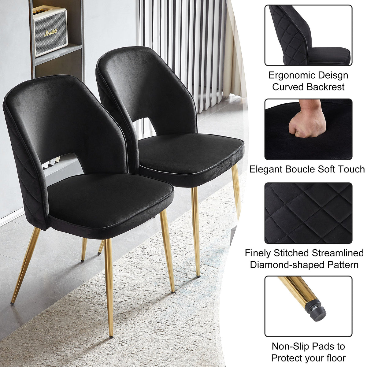 Black Velvet Dining Chairs Set of 4 with Gold Legs