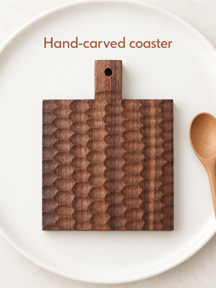 Handmade Black Walnut Coaster with Honeycomb Carving