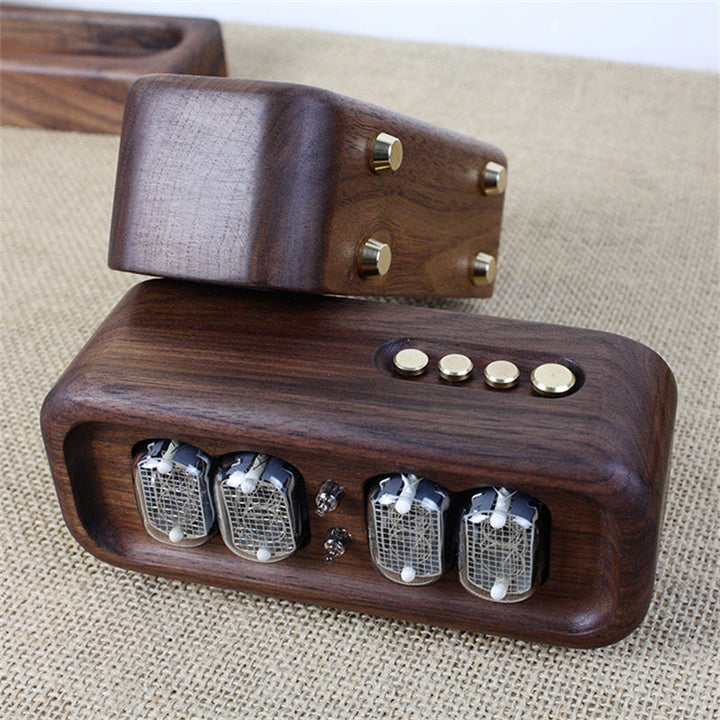Black Walnut Digital Tube Clock With Warm Retro Glow