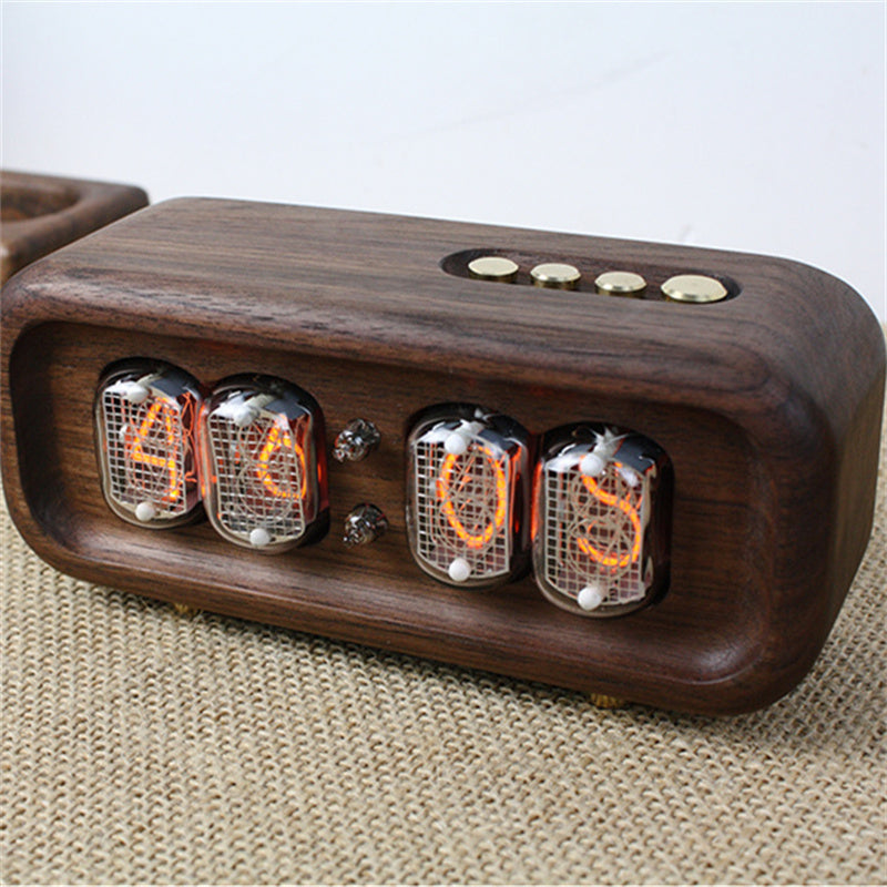 Black Walnut Digital Tube Clock With Warm Retro Glow