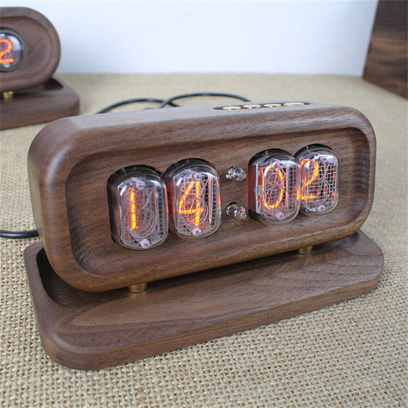 Black Walnut Digital Tube Clock With Warm Retro Glow