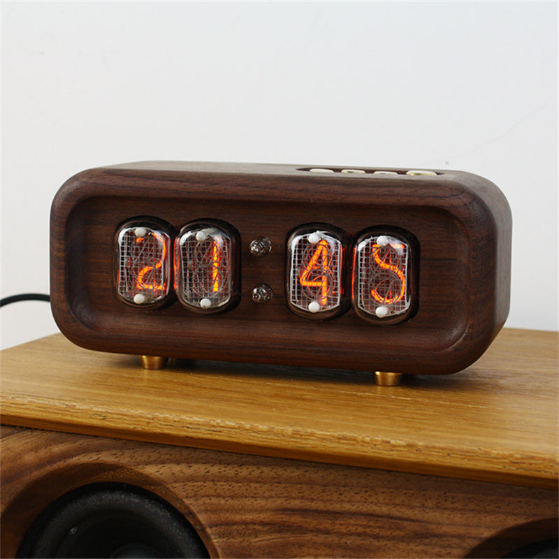 Black Walnut Digital Tube Clock With Warm Retro Glow