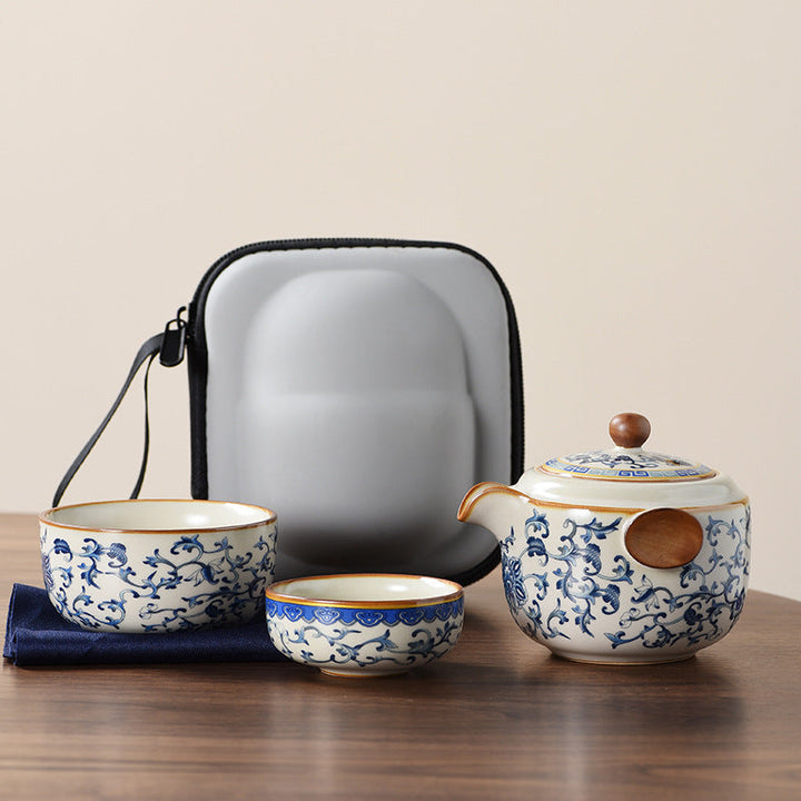 Portable Travel Tea Set with Case, Blue Ceramic Teapot