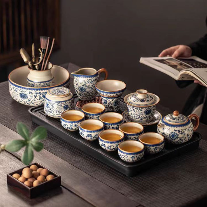 Blue and White Kung Fu Tea Set with Gaiwan and Tray