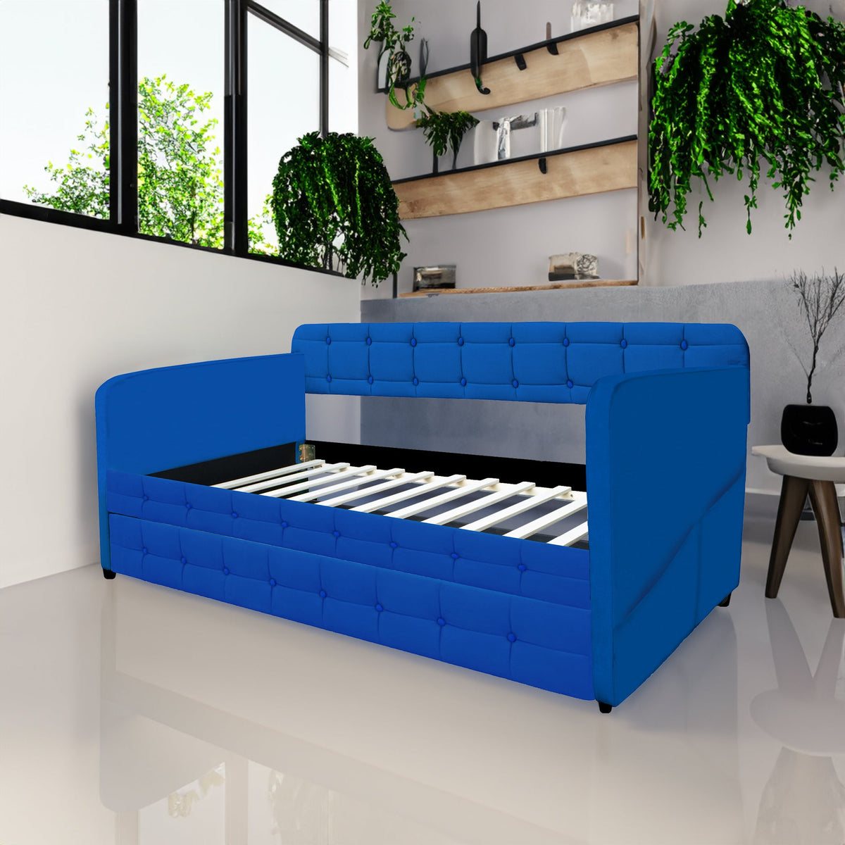 Full Size Blue Velvet Daybed with Pull-Out Trundle