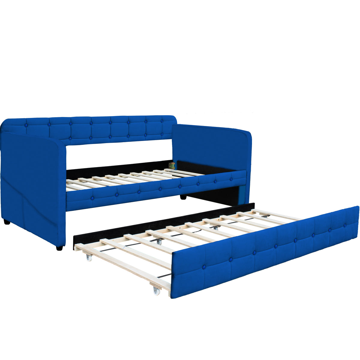 Full Size Blue Velvet Daybed with Pull-Out Trundle
