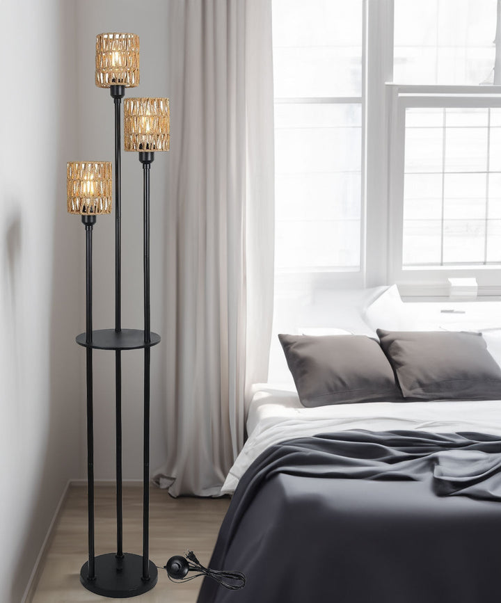 Boho Floor Lamp with Shelf and Woven Rattan Shades