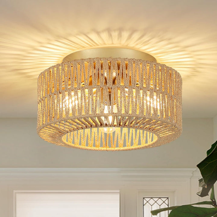 Boho Rattan 3-Light Flush Mount Ceiling Light Fixture