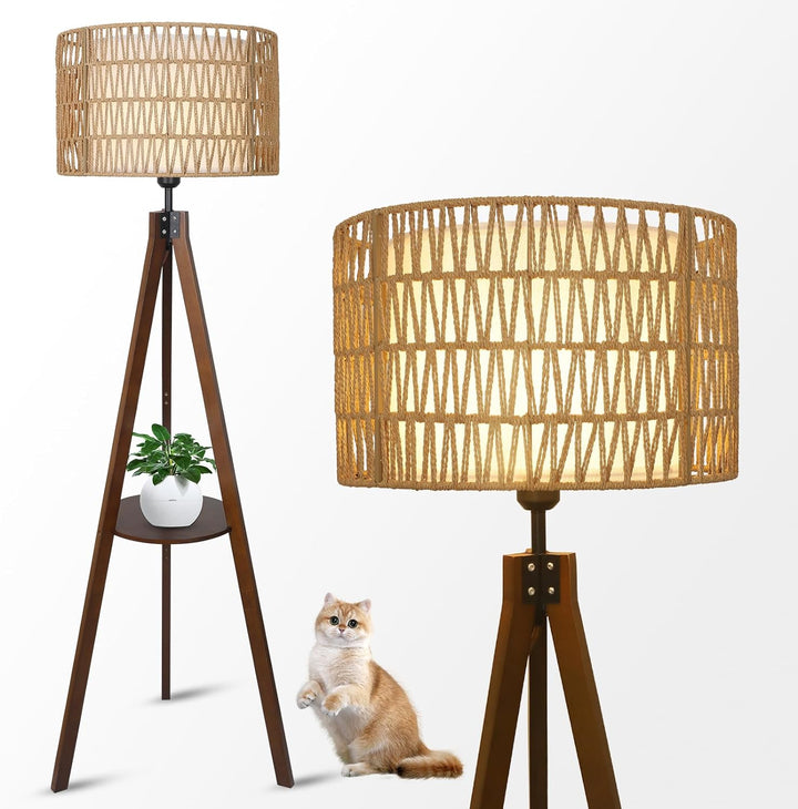 Boho Tripod Floor Lamp with Wood Shelf and Rattan Shade