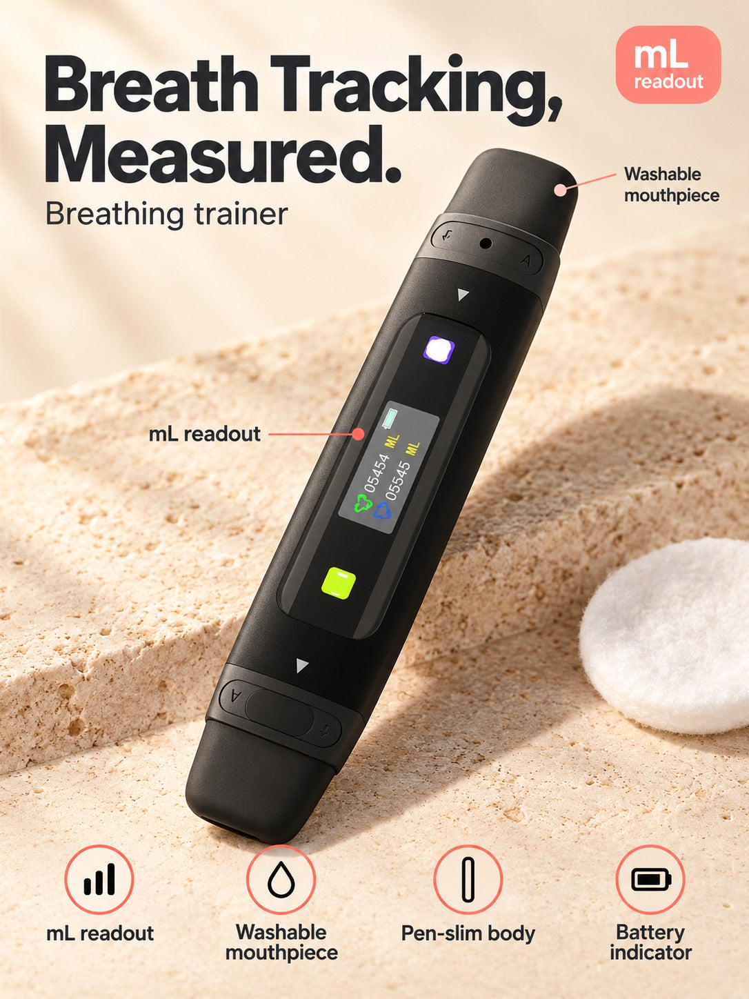 Breathing Trainer with Lung Capacity Tracker in mL