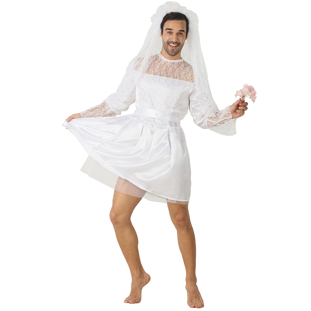 Men's Reverse Bridal Costume Dress With Veil & Lace
