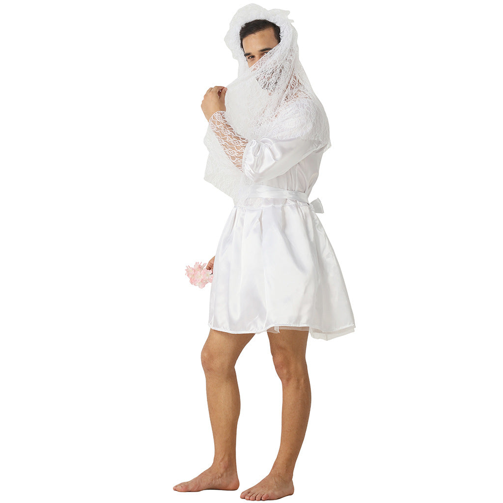 Men's Reverse Bridal Costume Dress With Veil & Lace