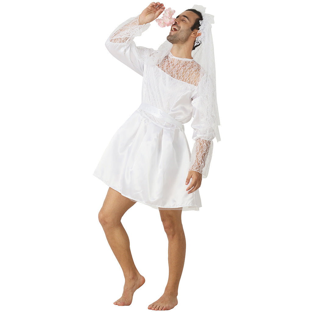 Men's Reverse Bridal Costume Dress With Veil & Lace