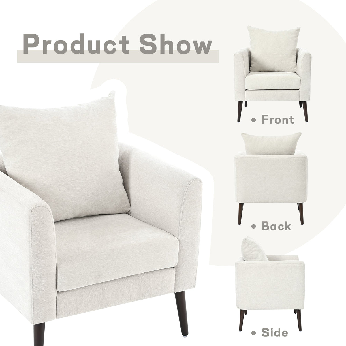 Beige Upholstered Accent Armchair with Walnut Legs