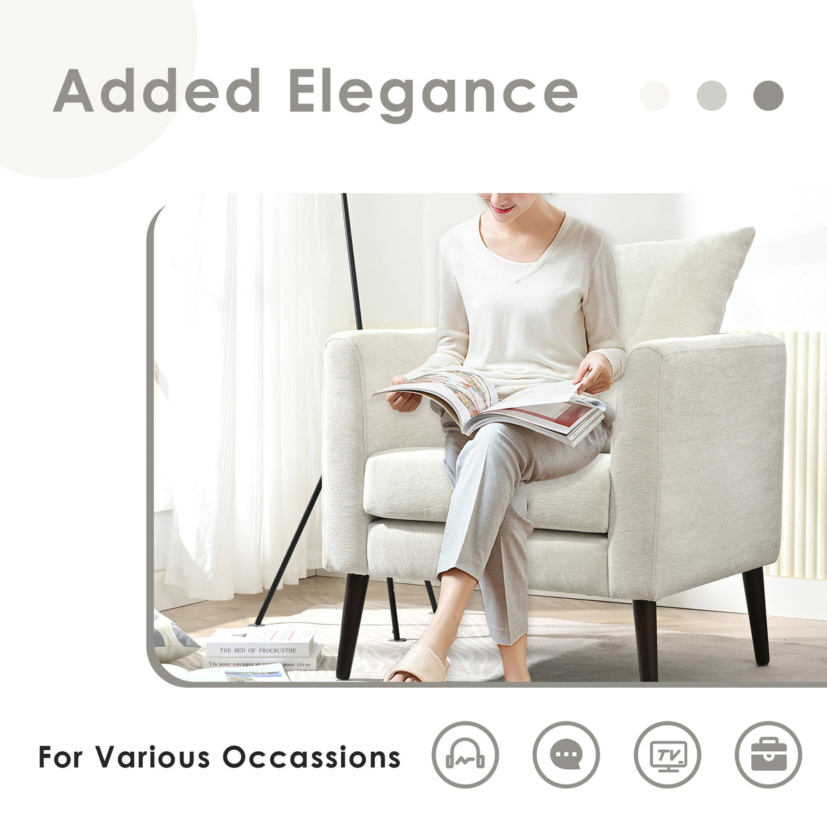 Beige Upholstered Accent Armchair with Walnut Legs