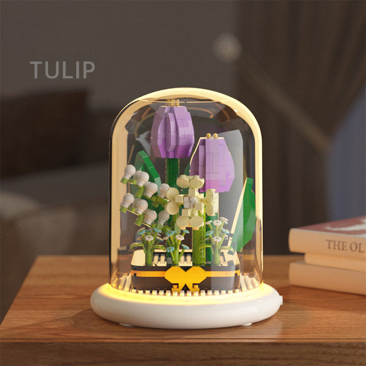 Building Block Flower Display with Warm LED Lighting