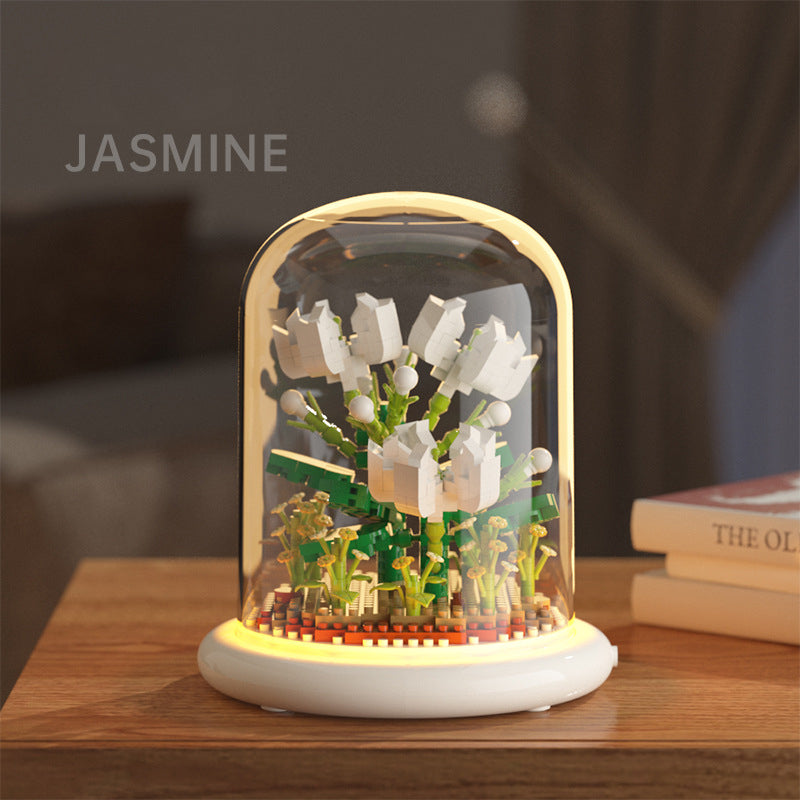 Building Block Flower Display with Warm LED Lighting