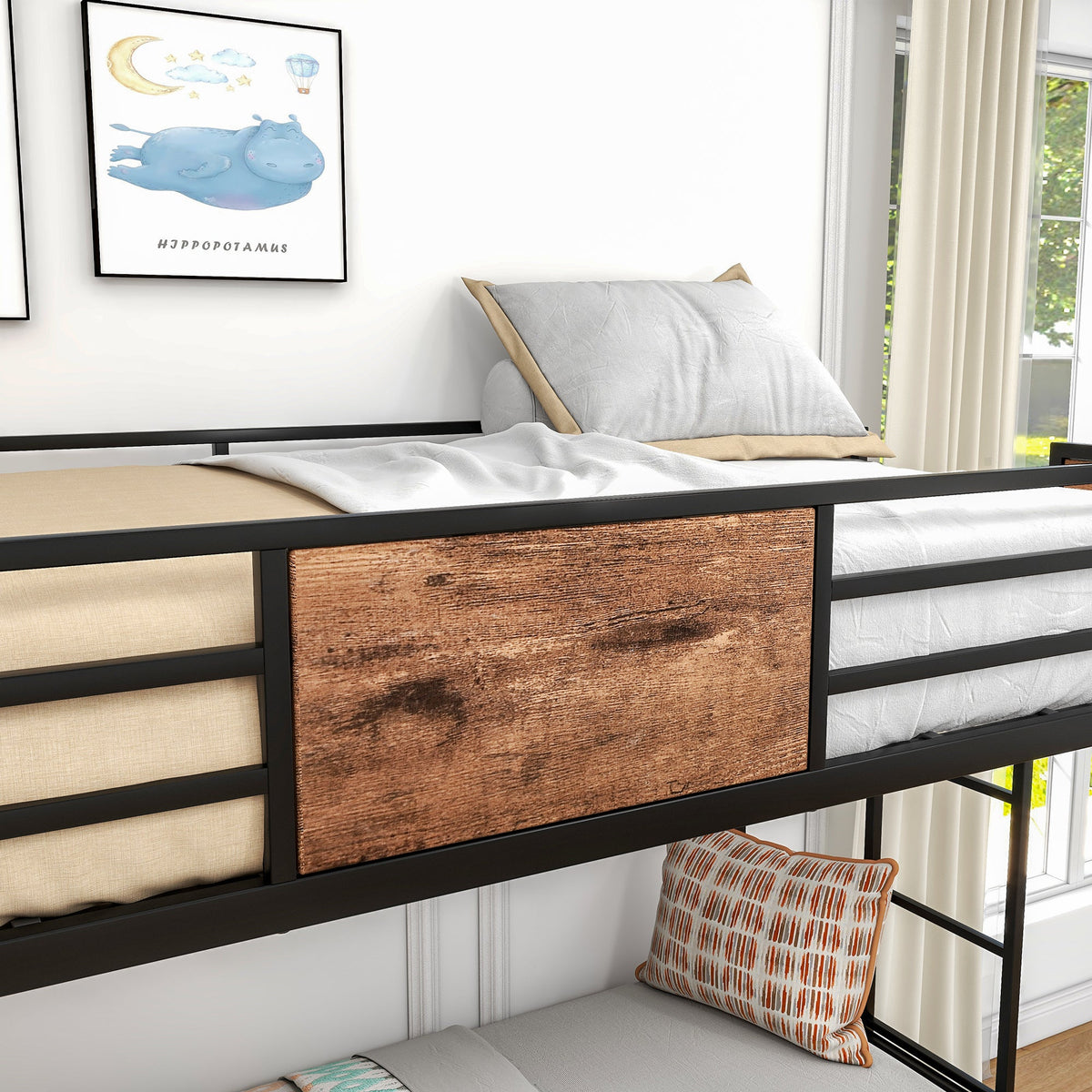 Twin Over Twin Metal Bunk Bed with Ladder and Guardrail