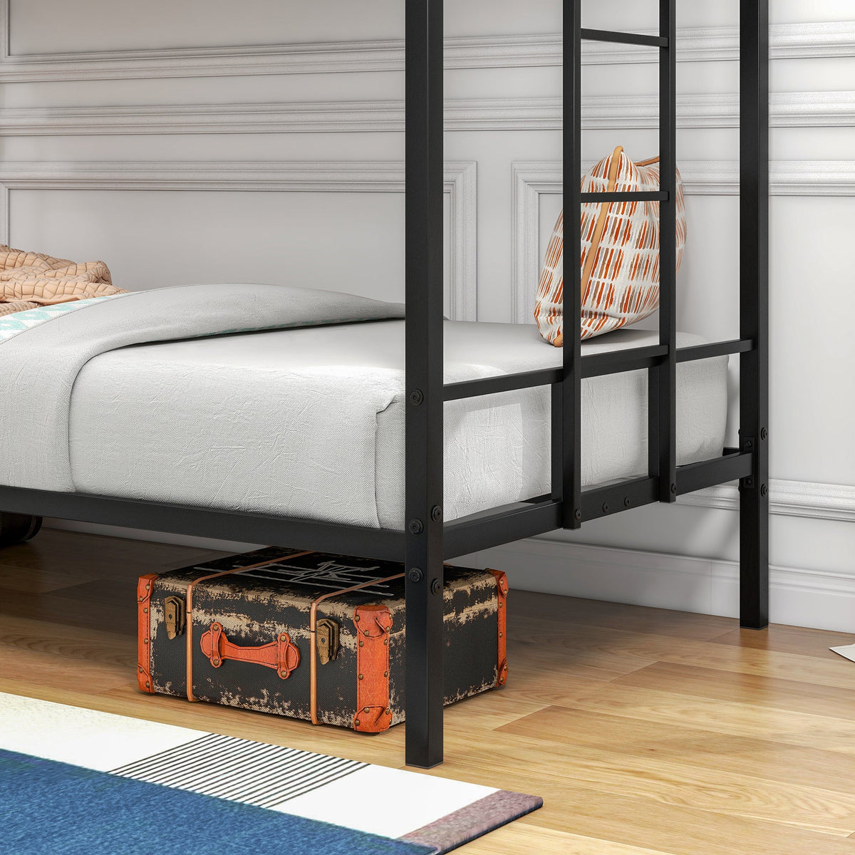 Twin Over Twin Metal Bunk Bed with Ladder and Guardrail