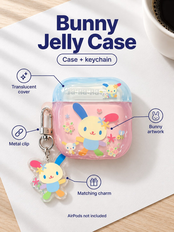 Bunny AirPods Case with Keychain, Pink Jelly Cover