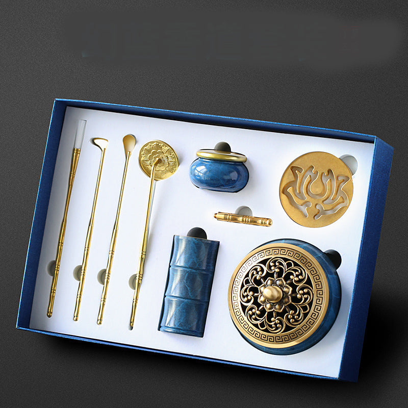 Incense Burner Set With Blue-Gold Ritual Accessories