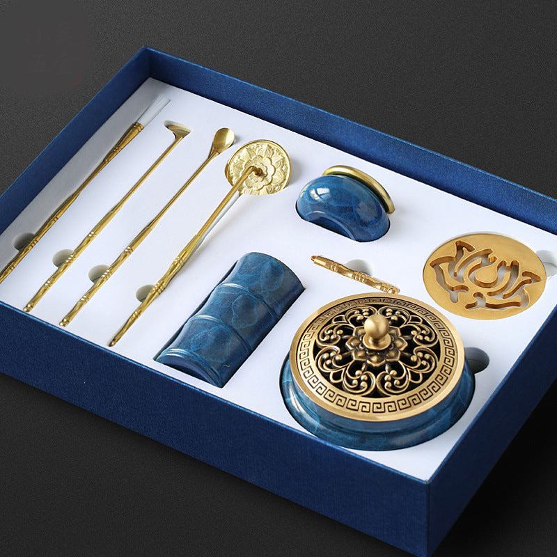 Incense Burner Set With Blue-Gold Ritual Accessories