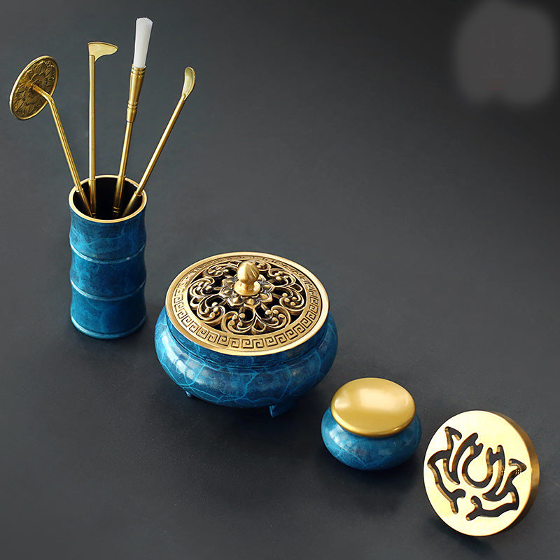 Incense Burner Set With Blue-Gold Ritual Accessories