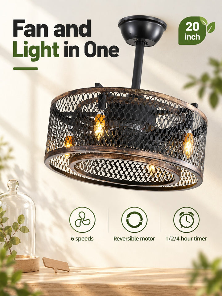 Caged Ceiling Fan with Lights, 20-Inch Rustic Design
