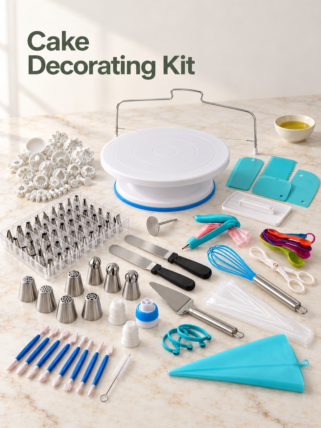 Cake Decorating Kit: Turntable, 220 Piping Tips & Bags