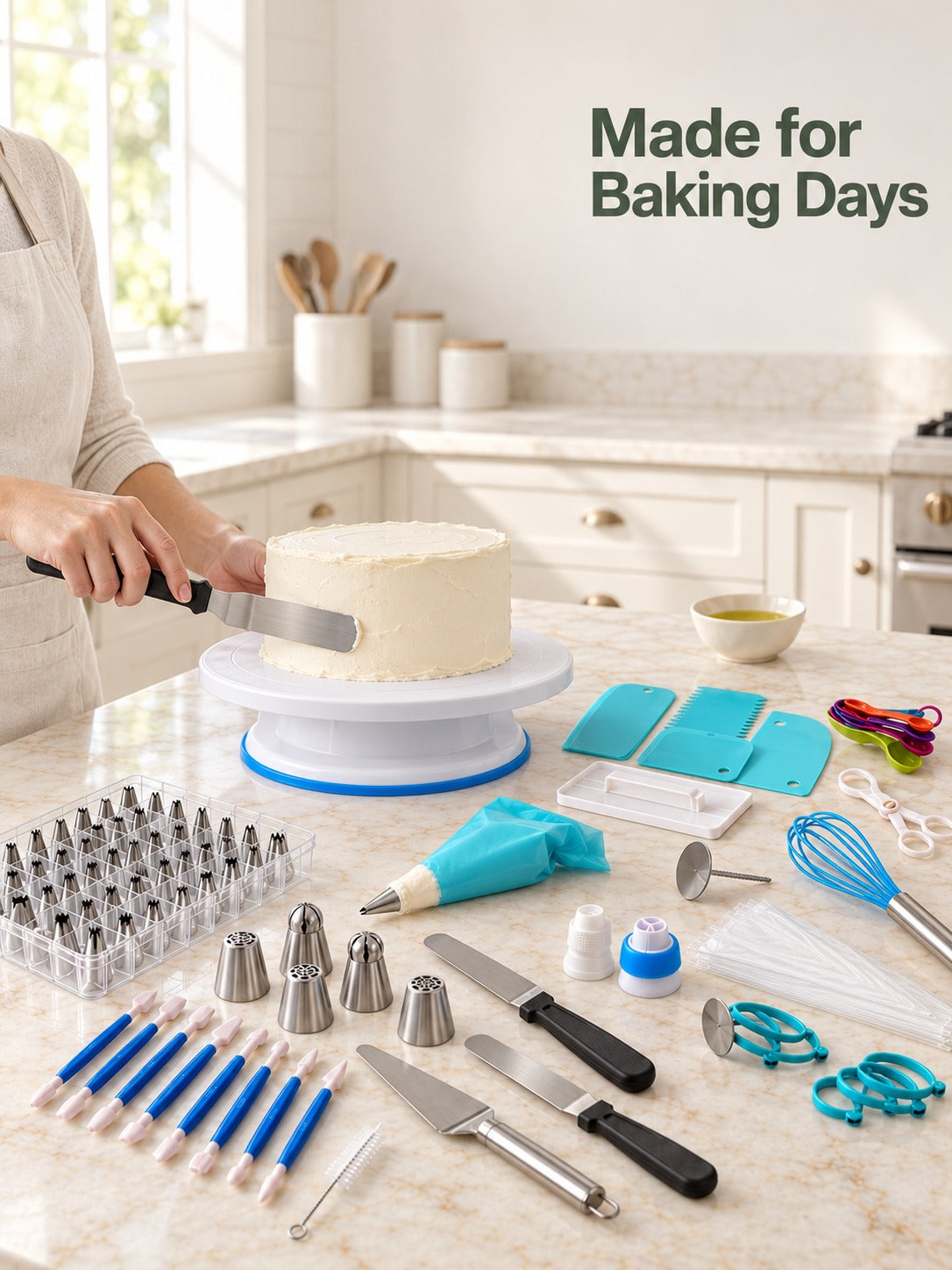 Cake Decorating Kit: Turntable, 220 Piping Tips & Bags
