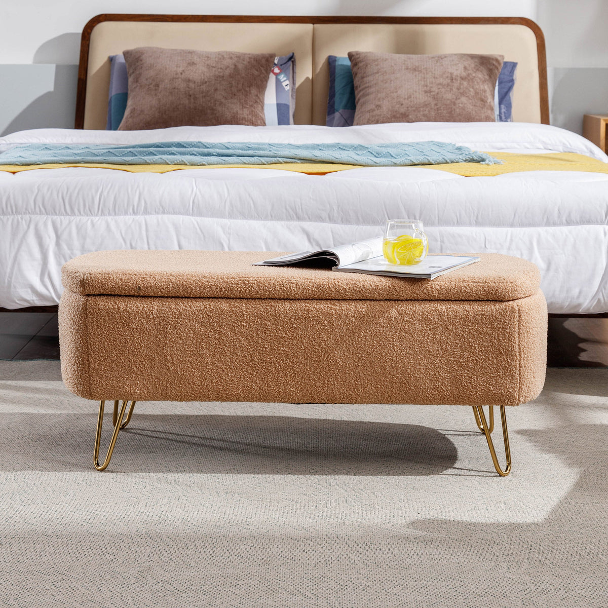 Camel Storage Ottoman Bench for End of Bed, Gold Legs