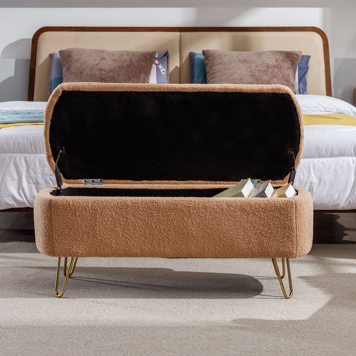 Camel Storage Ottoman Bench for End of Bed, Gold Legs