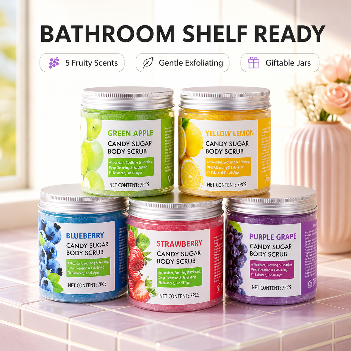 Candy Fruit Body Scrub Balls | 5 Flavors, Glass Jar