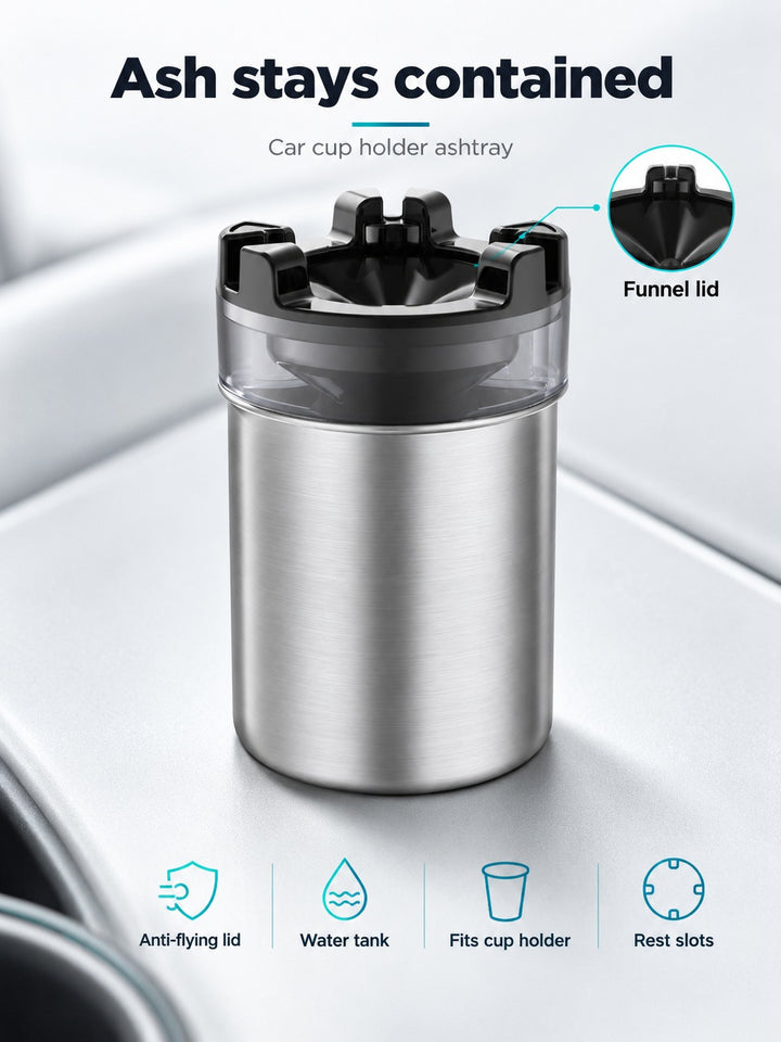 Car Cup Holder Ashtray with Water Tank and Anti-Flying Lid