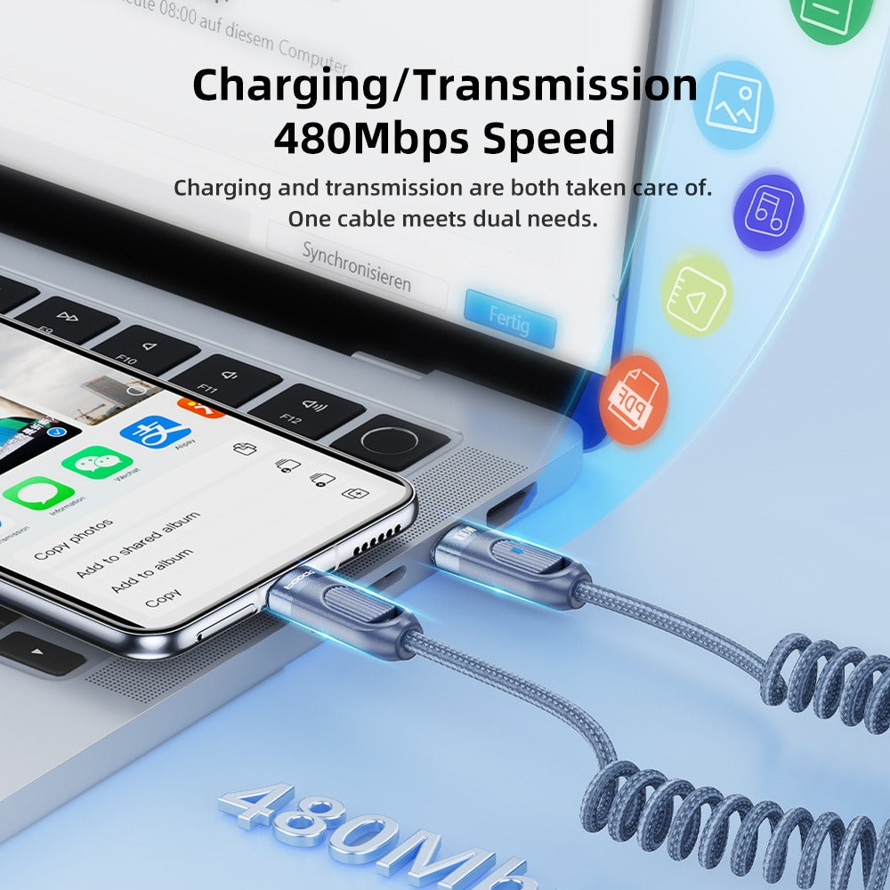 PD 100W Coiled USB-C Car Charging Cable, Fast Charge
