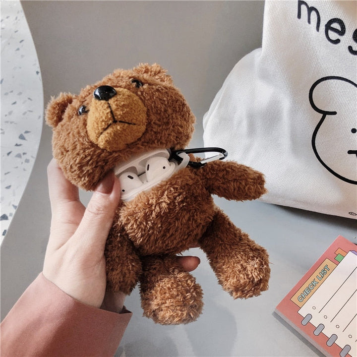 Plush Teddy Bear AirPods Case Cover with Carabiner