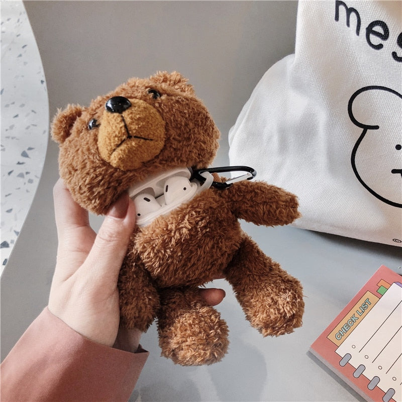 Plush Teddy Bear AirPods Case Cover with Carabiner