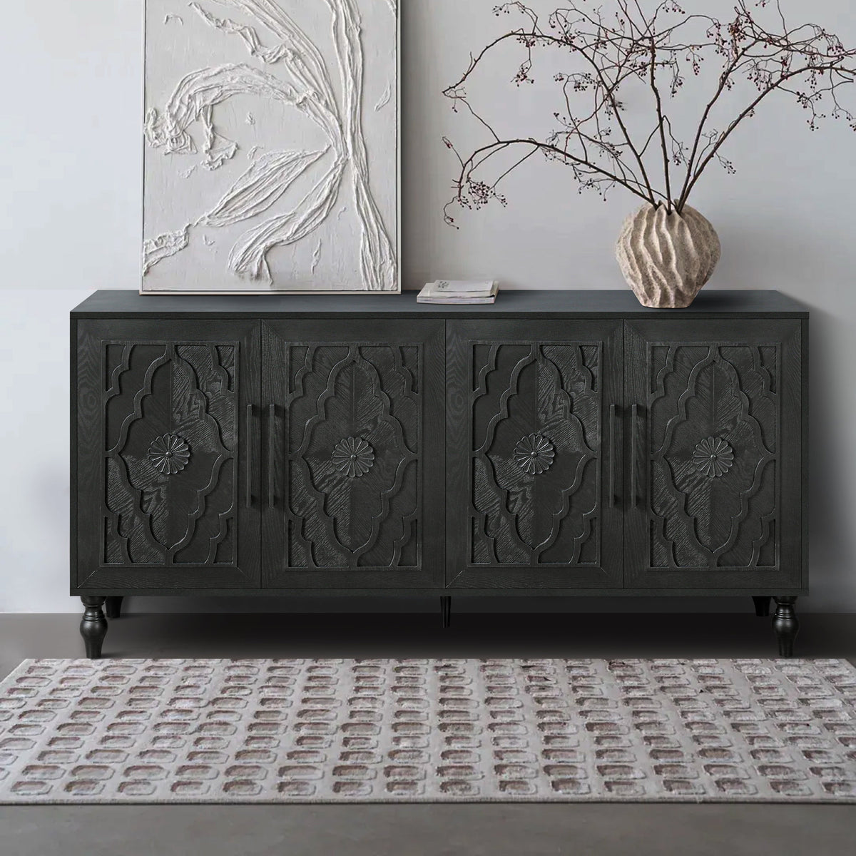 Carved Floral Door Sideboard Cabinet for Living Room