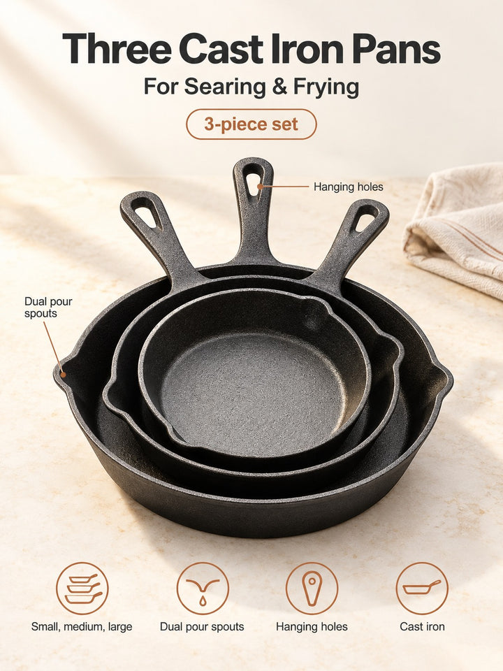 Cast Iron Frying Pan Set, 3 Sizes for Searing & Frying