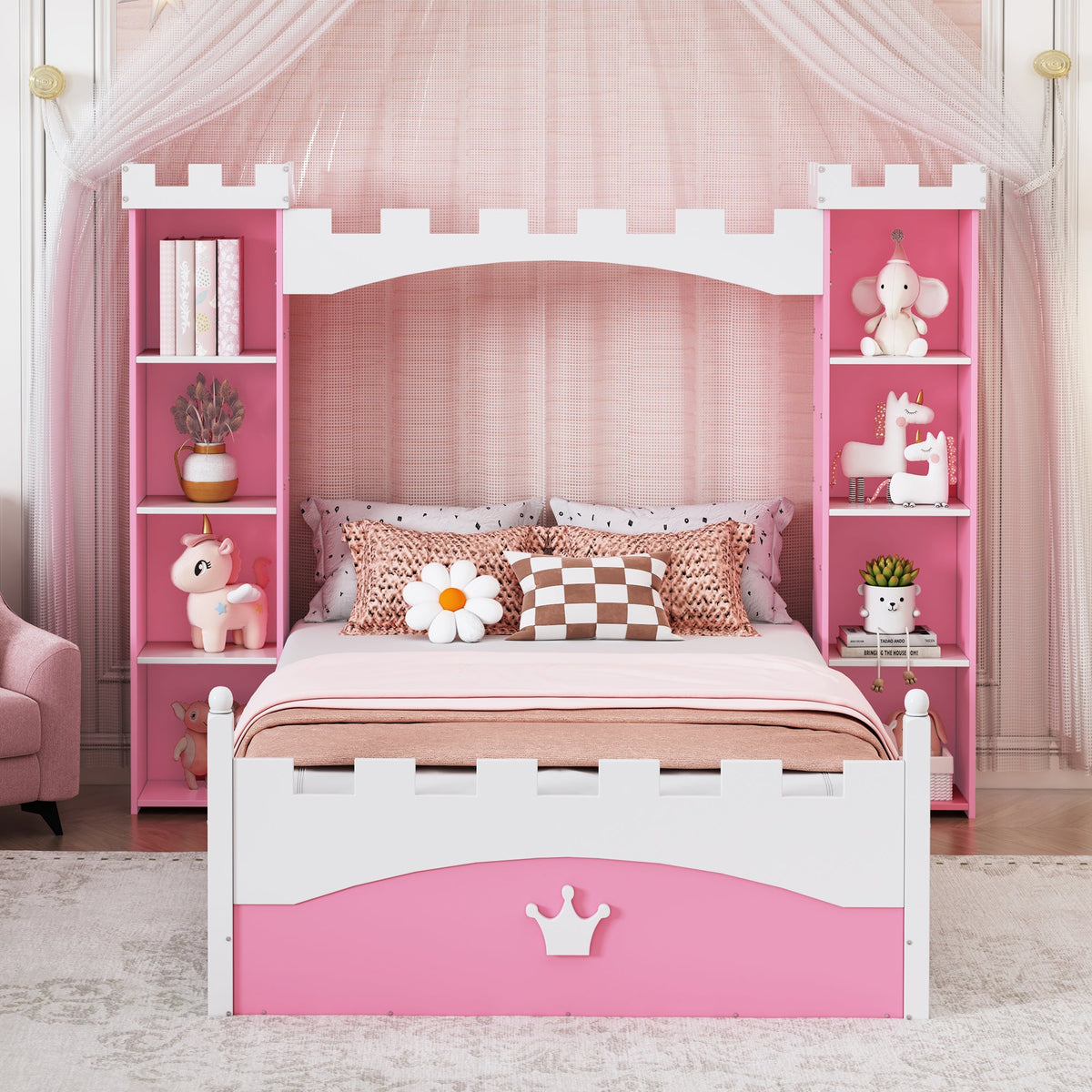 Pink Castle Twin Bed with Built-In Kids Bookshelves