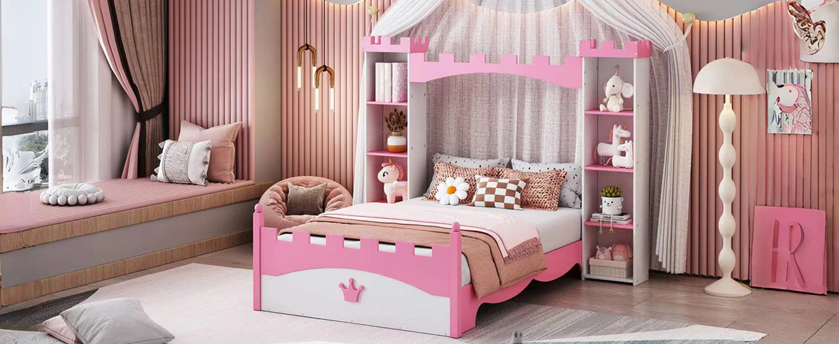 Castle Twin Bed for Kids with Built-In Tower Bookshelves