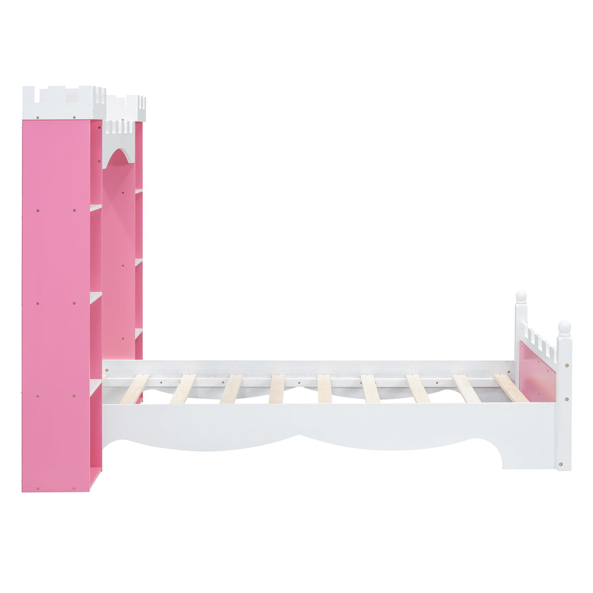 Pink Castle Twin Bed with Built-In Kids Bookshelves