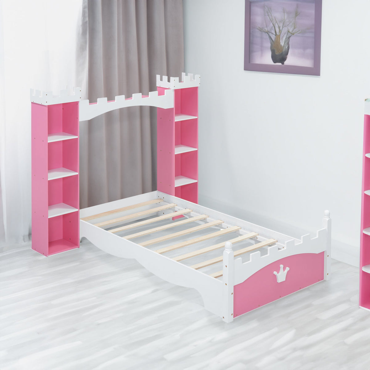 Pink Castle Twin Bed with Built-In Kids Bookshelves