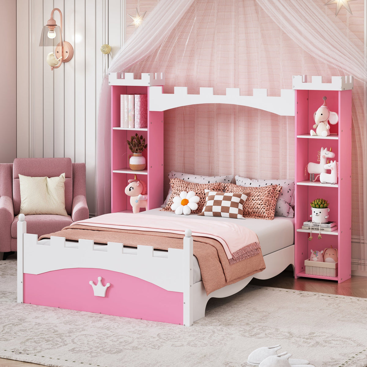 Pink Castle Twin Bed with Built-In Kids Bookshelves