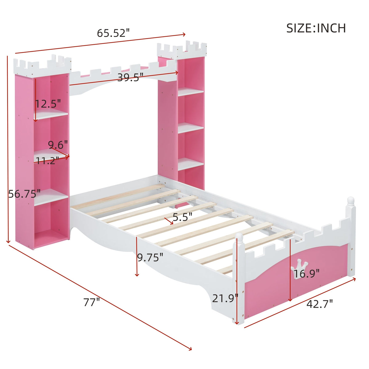 Pink Castle Twin Bed with Built-In Kids Bookshelves