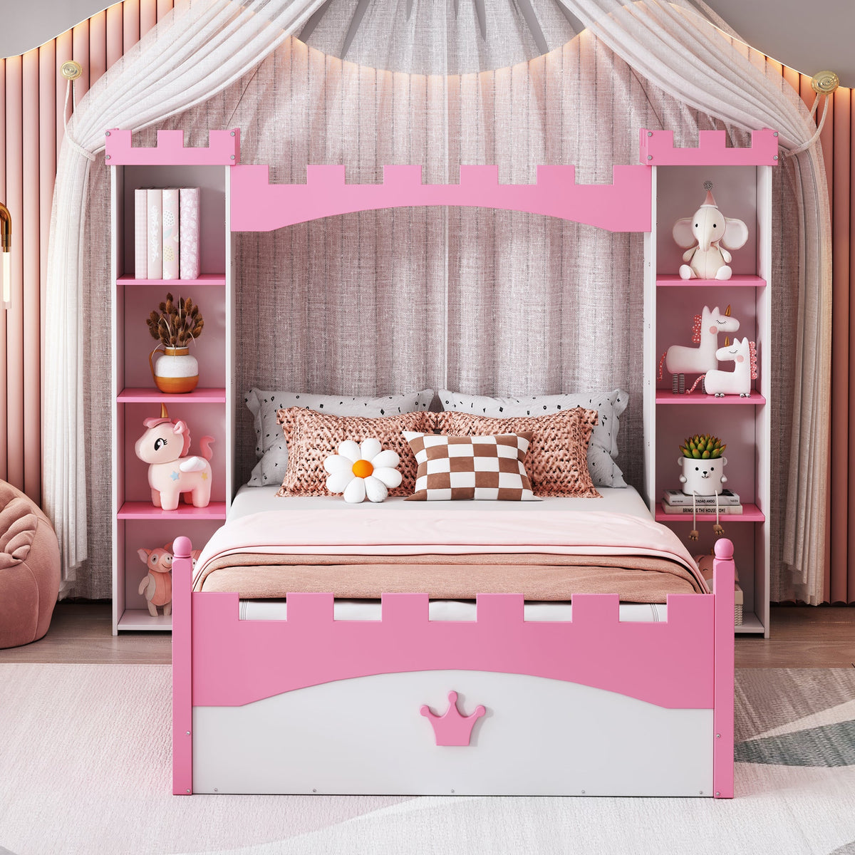 Castle Twin Bed for Kids with Built-In Tower Bookshelves