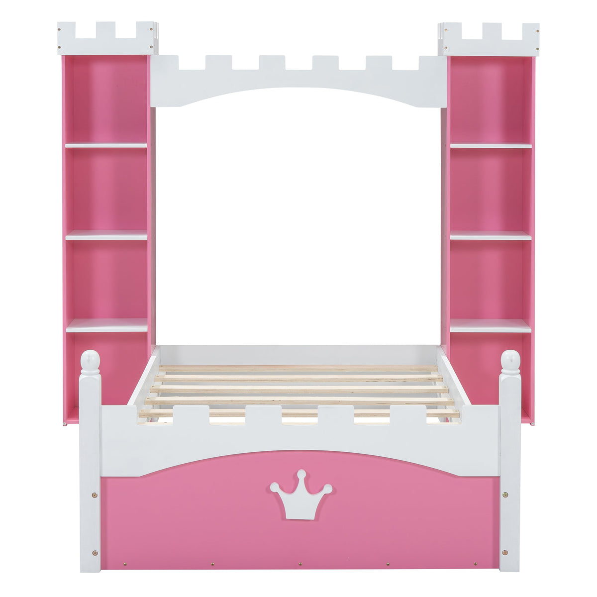 Pink Castle Twin Bed with Built-In Kids Bookshelves